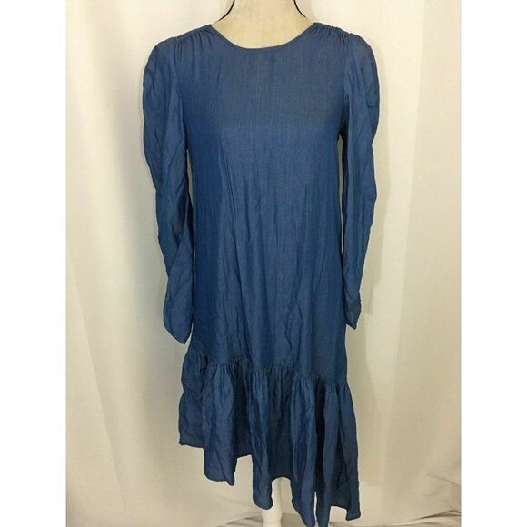 Zara Womens New W Tag Solid Blue Long Sleeve Flare Mini Dress Lyocell Xs - Picture 1 of 9